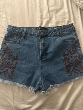 Blue Denim Shorts with Brown Embroidery